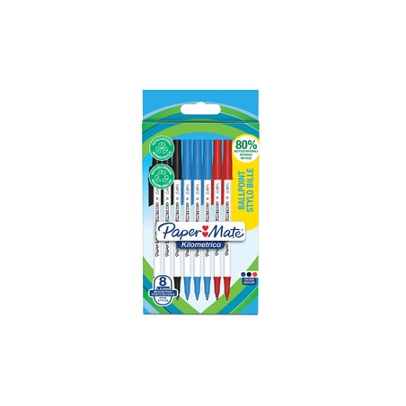 Astuccio 8 penne sfera c/cappuccio Kilometrico Recycled 1.0mm col.ass Papermate