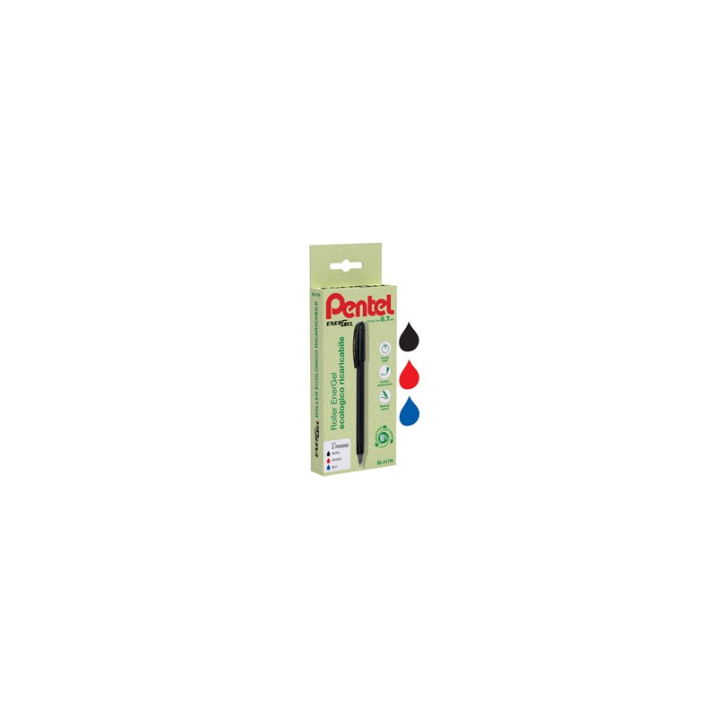 Astuccio 3 roller Energel Recycology 96 punta 0,7mm nero/rosso/blu Pentel