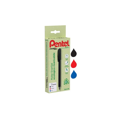 Astuccio 3 roller Energel Recycology 96 punta 0,7mm nero/rosso/blu Pentel