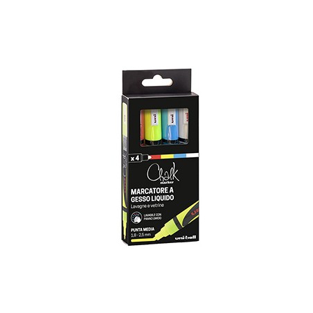 Busta 4 marcatore a gesso liquido UNI CHALK p.tonda col.assortiti UNI