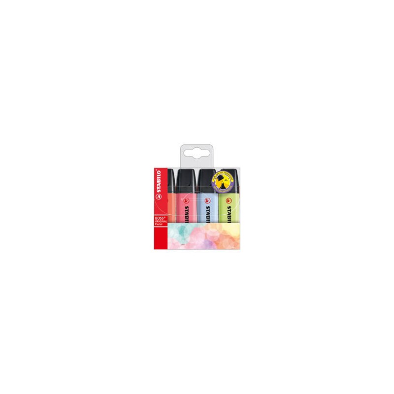 Astuccio 4 evidenziatori Stabilo Boss pastel lime/ciliegio/ghiaccio/corallo