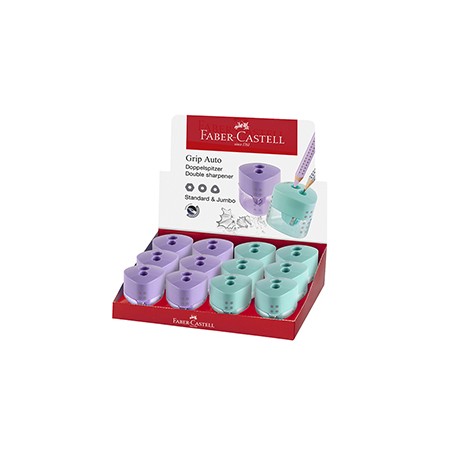 Temperamatite Grip Auto 2 fori c/serbatoio colori assortiti Faber-Castell - Conf da 12 pz.