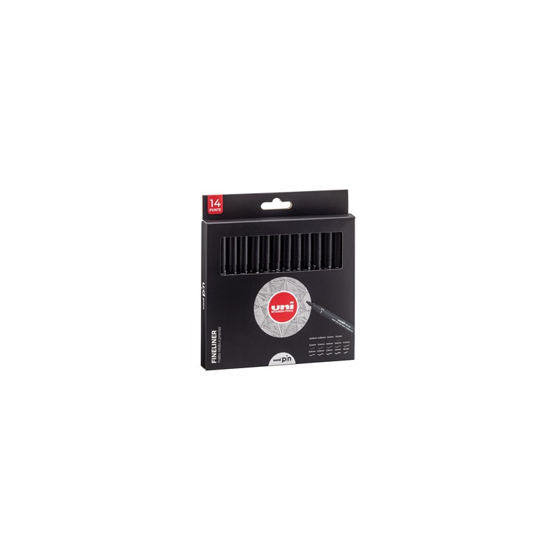 Astuccio Pin fineliner nero 14 gradazioni assortiti Uni Mitsubishi