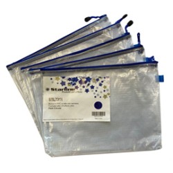 Busta in PVC a rete A4-27x36cm con cerniera blu - Conf da 5 pz.